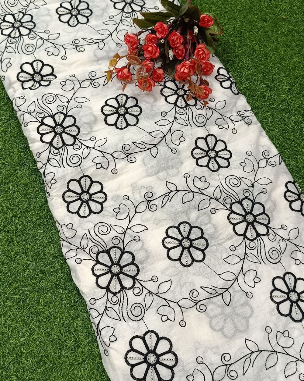 Kora Cotton Moti Work Black Colour 45 Inches Width