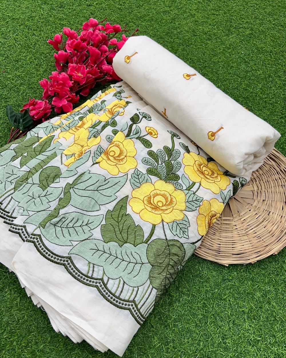 Kora Cotton Border Work Yellow Colour 45 Inches Width