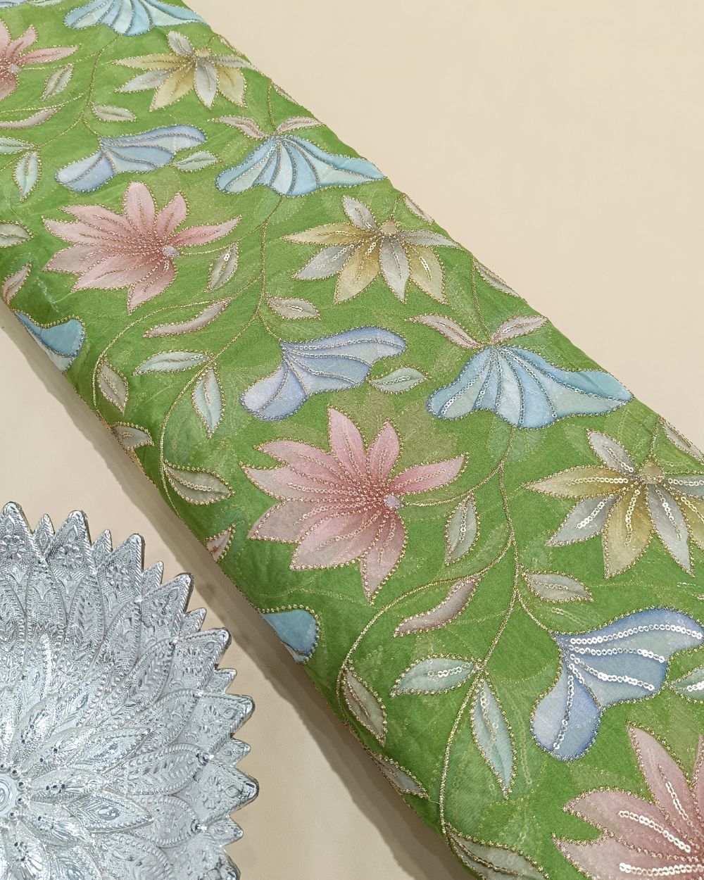 Premium Organza Work Lime Green Colour 44 Inches Width