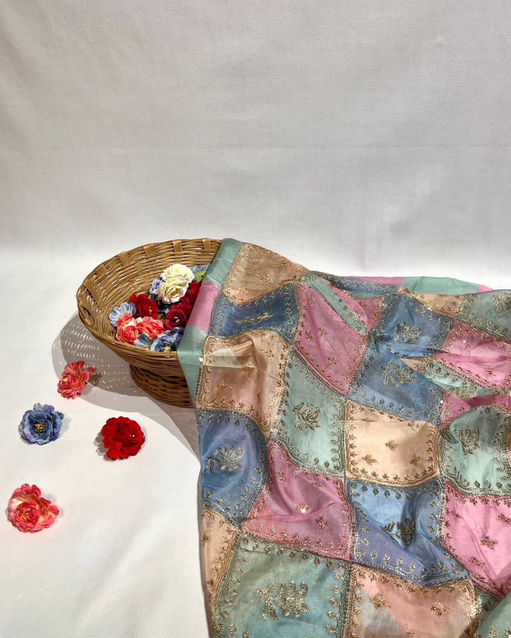 Position Print with Sequin Embroidery on Premium Organza Multicolor 44 Inches Width
