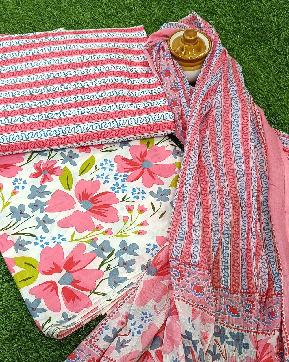 Printed Cotton Unstitched Top-Bottom Set with Dupatta Peach Colour 42  Inches Width