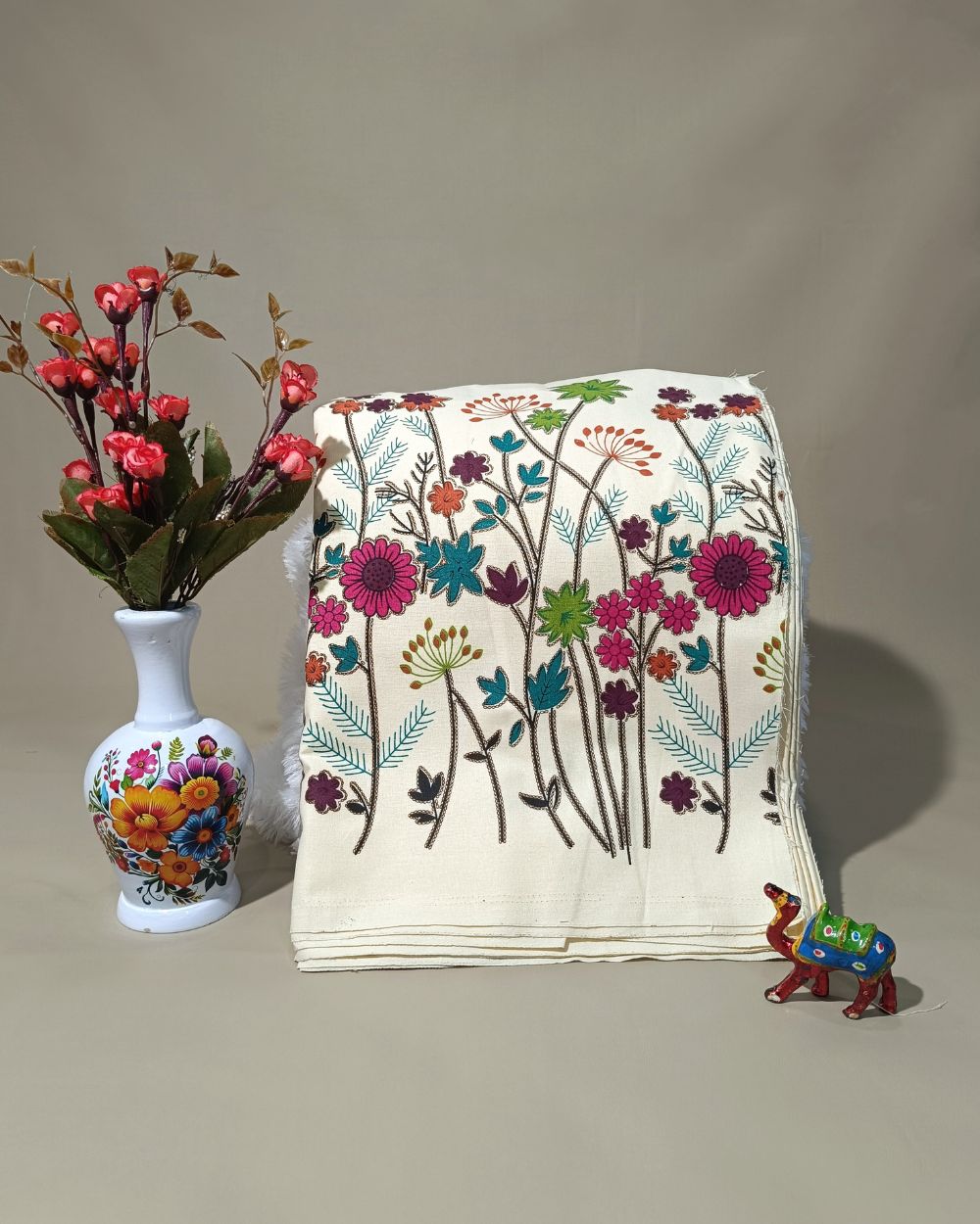 Printed Khadi Cotton with Border Milky White  Colour 42 Inches Width