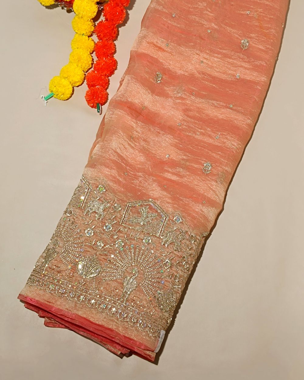 Hiranya with Border Work Peach Colour 44 Inches Width