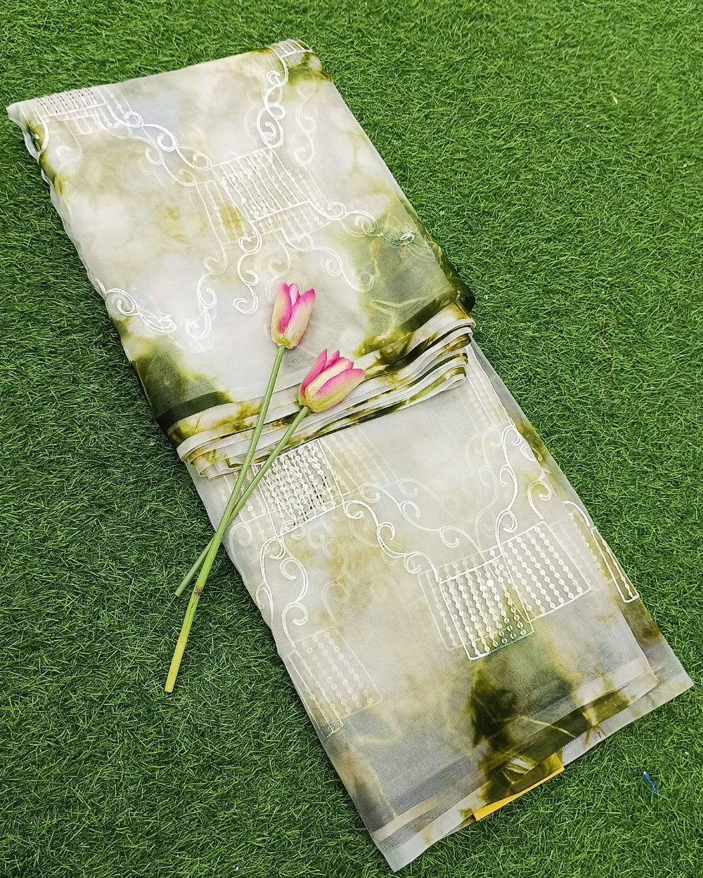 Organza Shibori Work Mehandi Green Colour 46 Inches Width