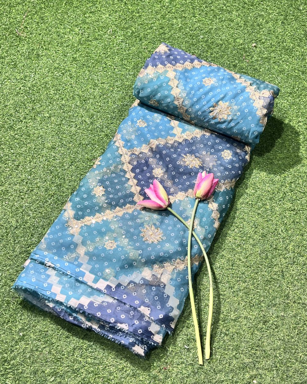 Position Print with Sequin Embroidery on Premium Organza Peacock Blue Colour 45 Inches Width