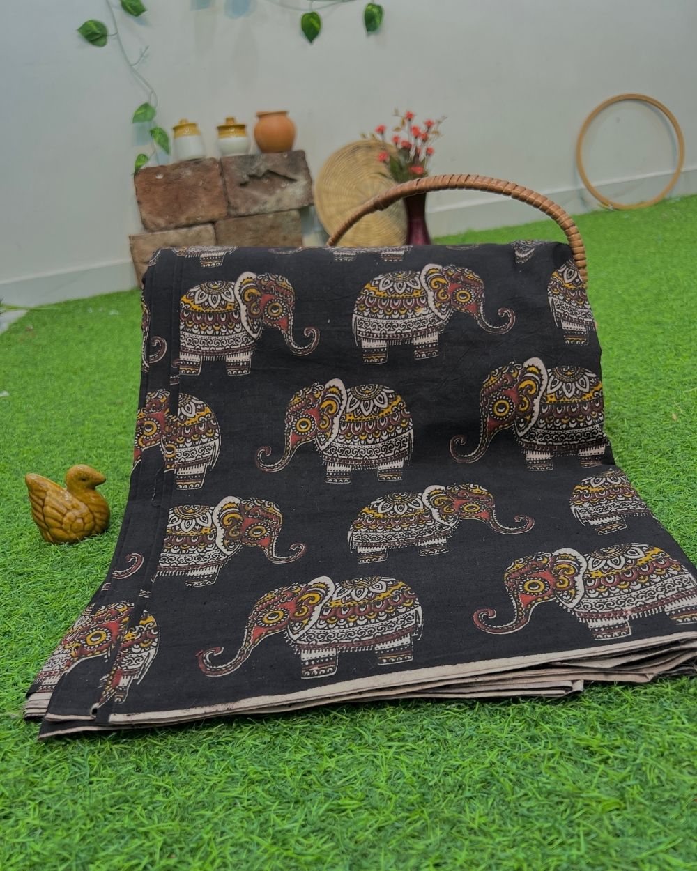 Hand Block Printed Cotton Kalamkari Black Colour 47 Inches Width