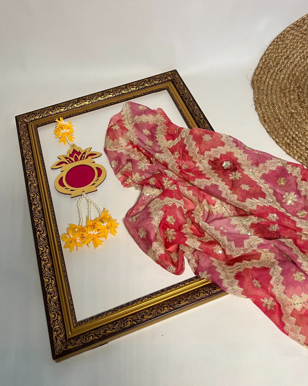 Position Print with Sequin Embroidery on Premium Organza Pink Colour 48 Inches Width
