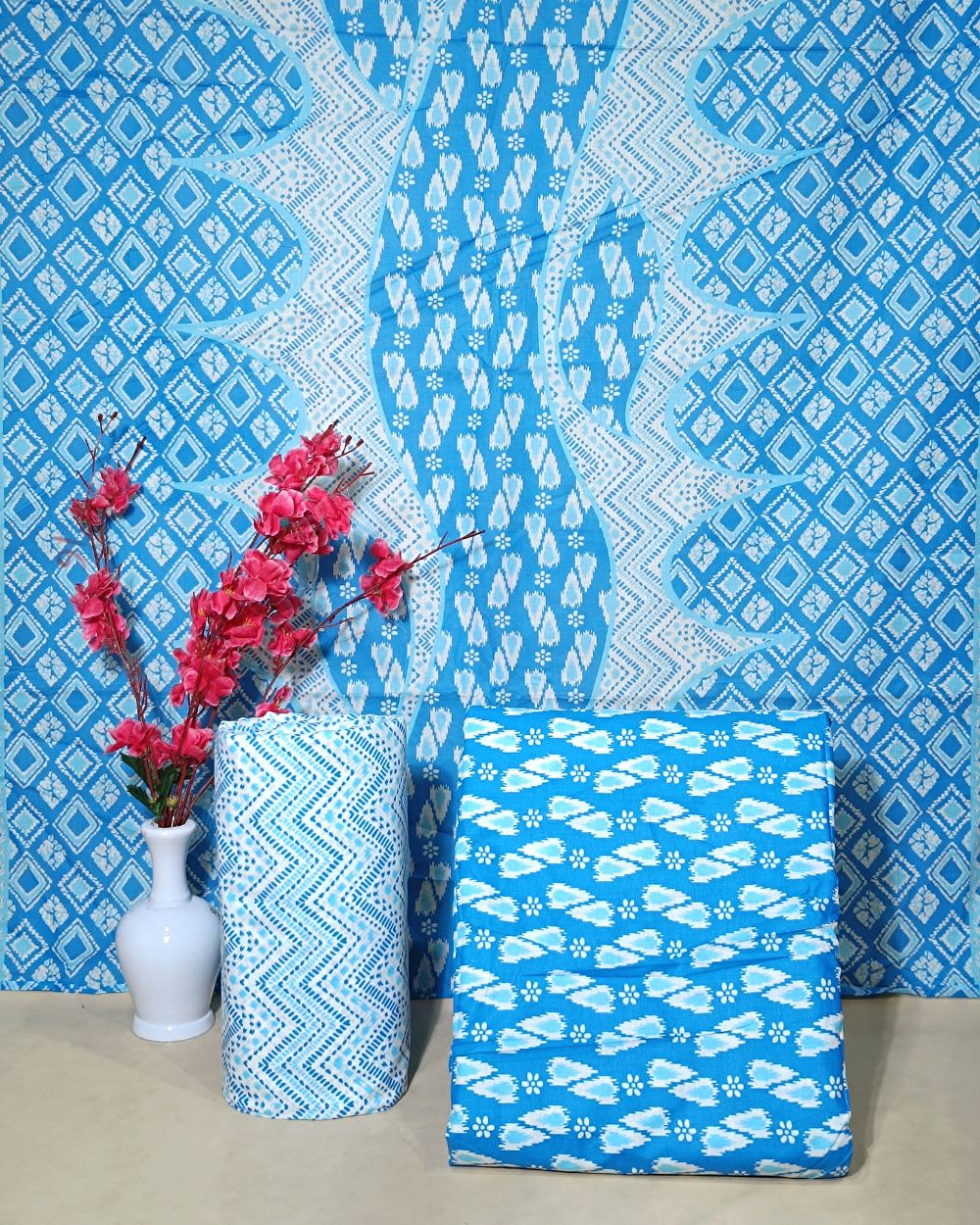 Printed Cotton Unstitched Top-Bottom Set with Dupatta Sky Blue Colour 44 Inches Width