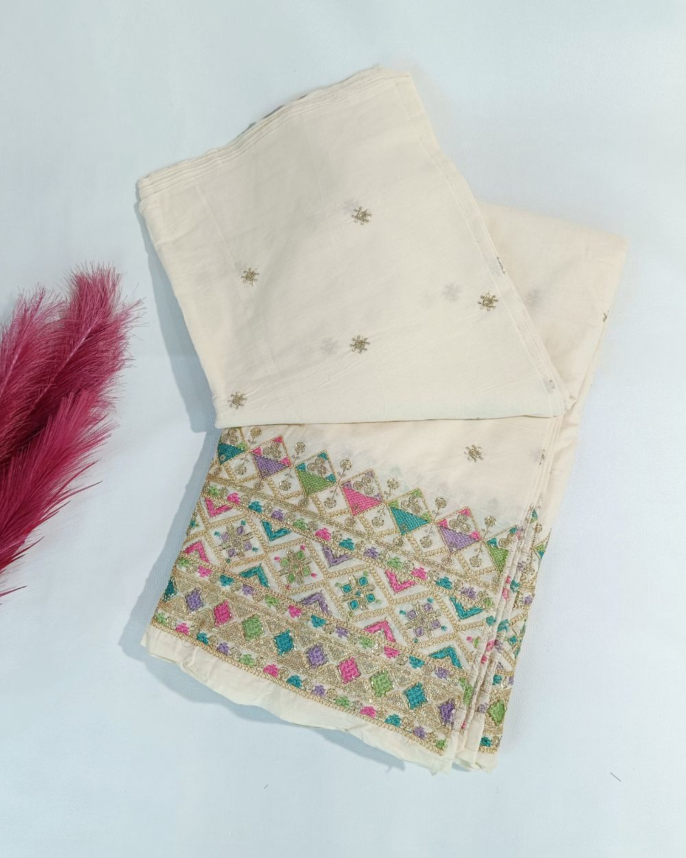Kora Cotton Border Work Off White Colour 46 Inches Width