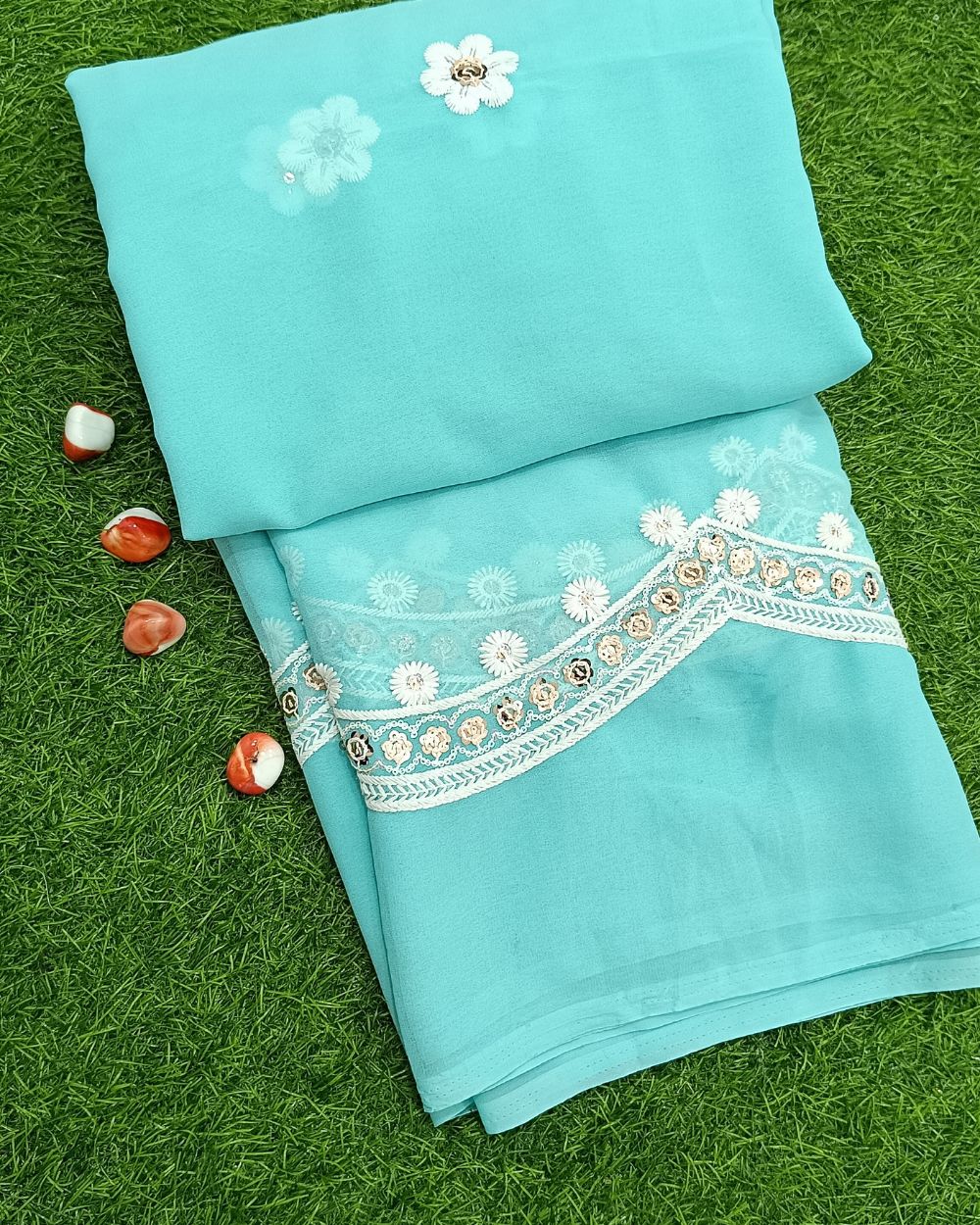 Cutwork Border Georgette Work Sky Blue Colour 43 Inches Width