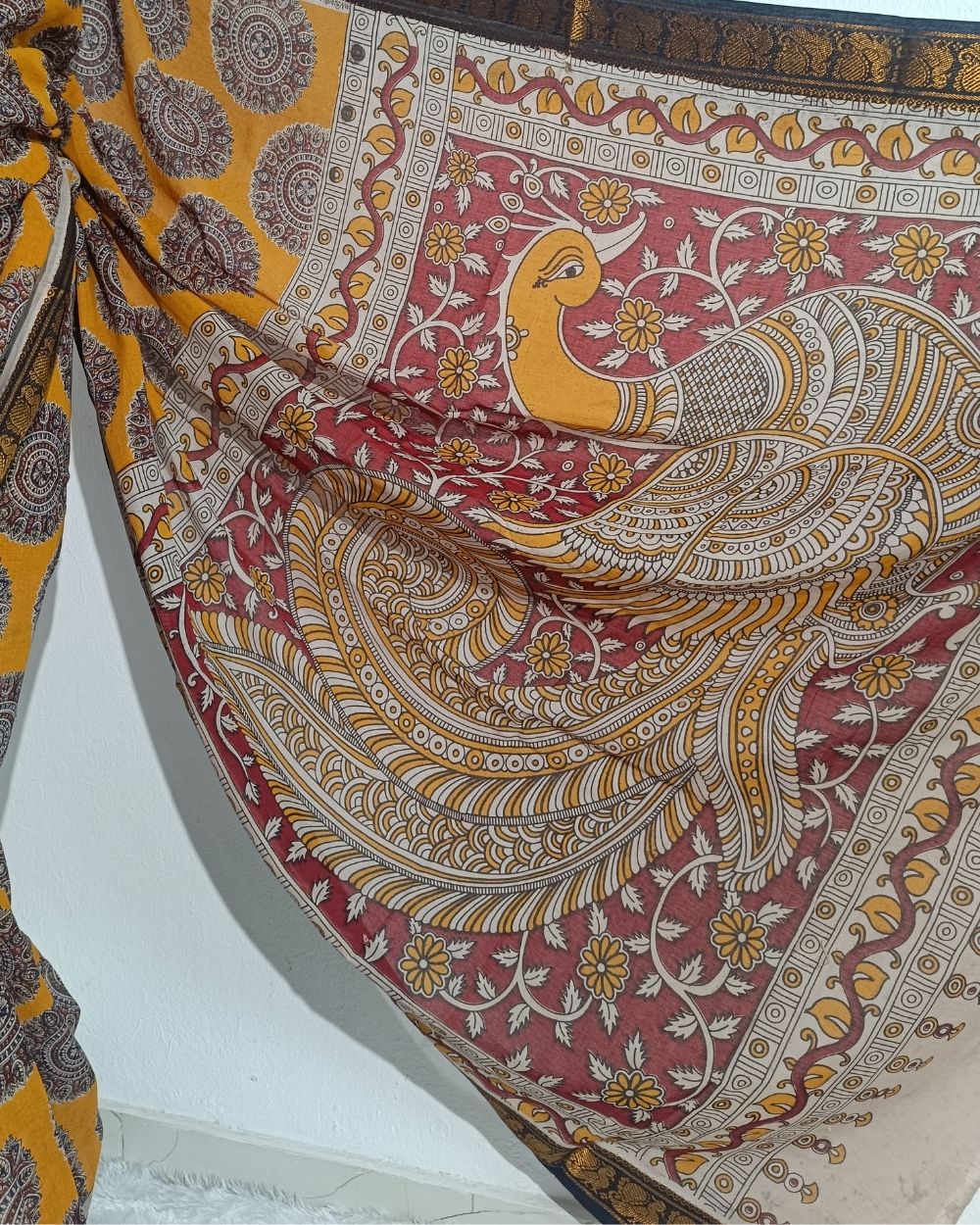 Hand Block Printed Cotton Kalamkari Saree with Blouse Piece Turmeric Yellow Colour 46 Inches Width