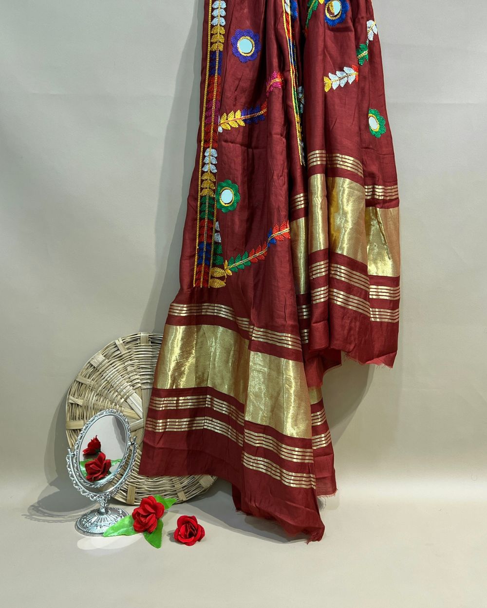 Abla Work Lagdi Patta Dupatta Art Silk Maroon Colour 40 Inches Width