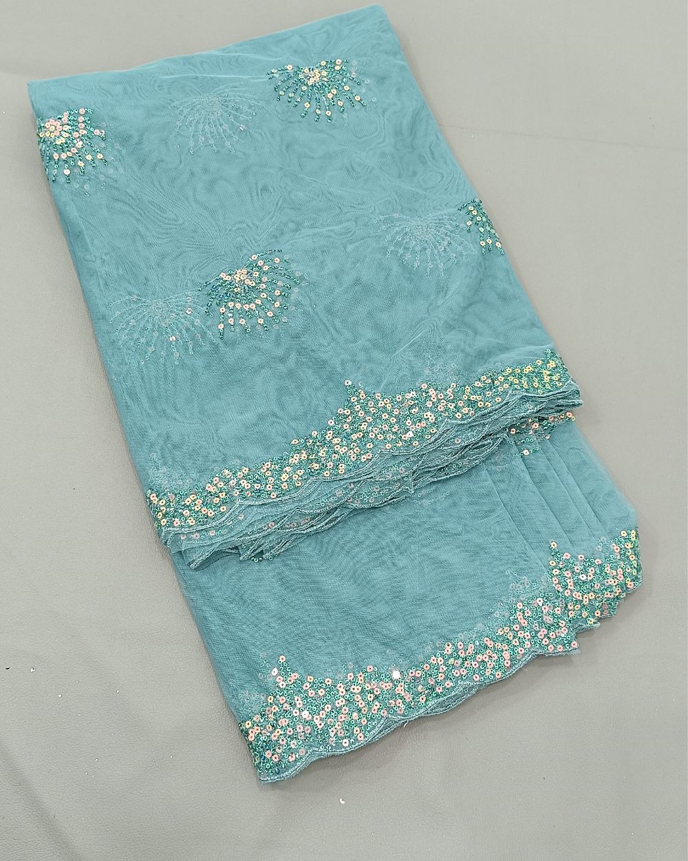 Net Work with Cutwork Border Rama Blue Colour 44 Inches Width