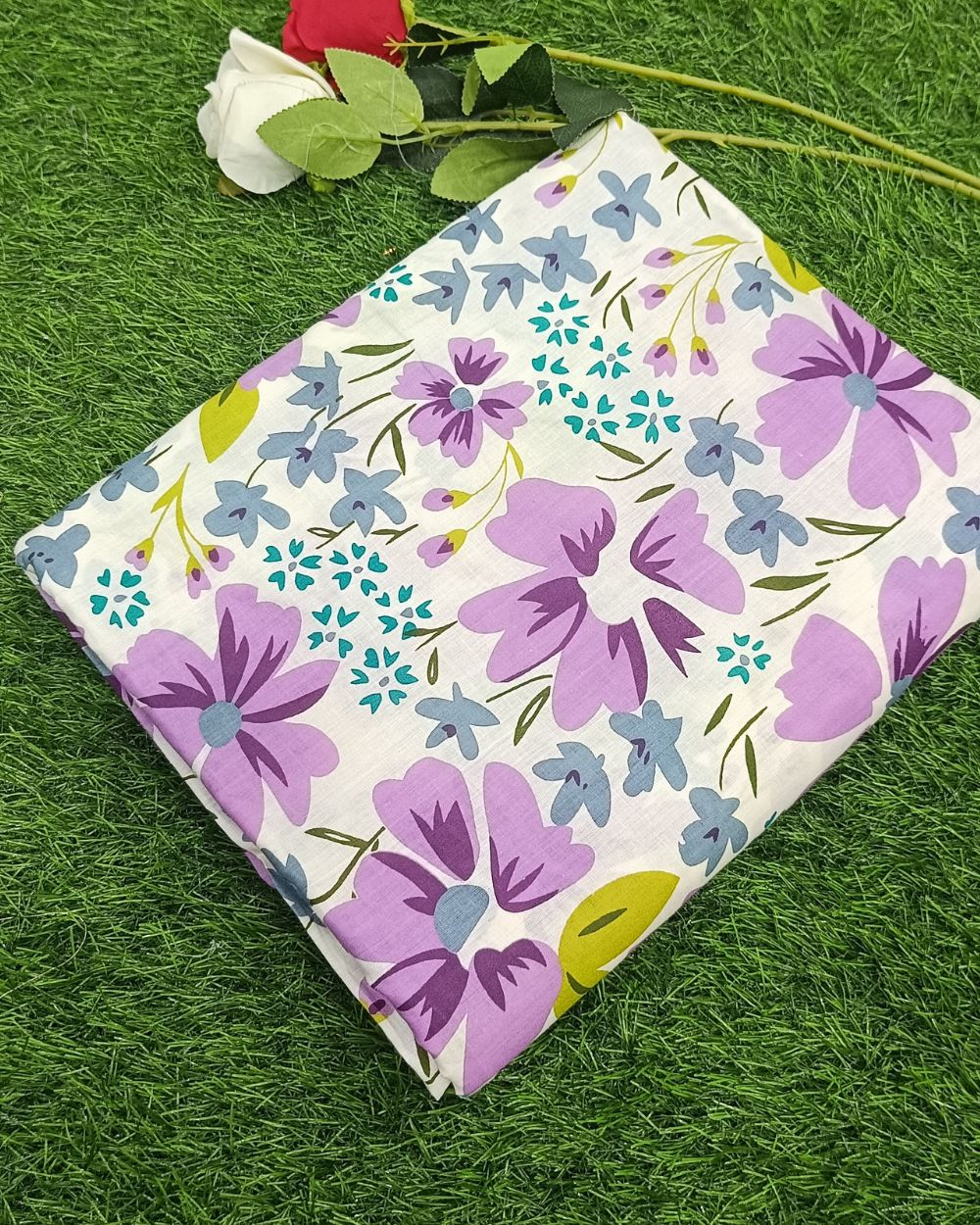 Printed Cotton Unstitched Top-Bottom Set with Dupatta Lavender Colour 42  Inches Width
