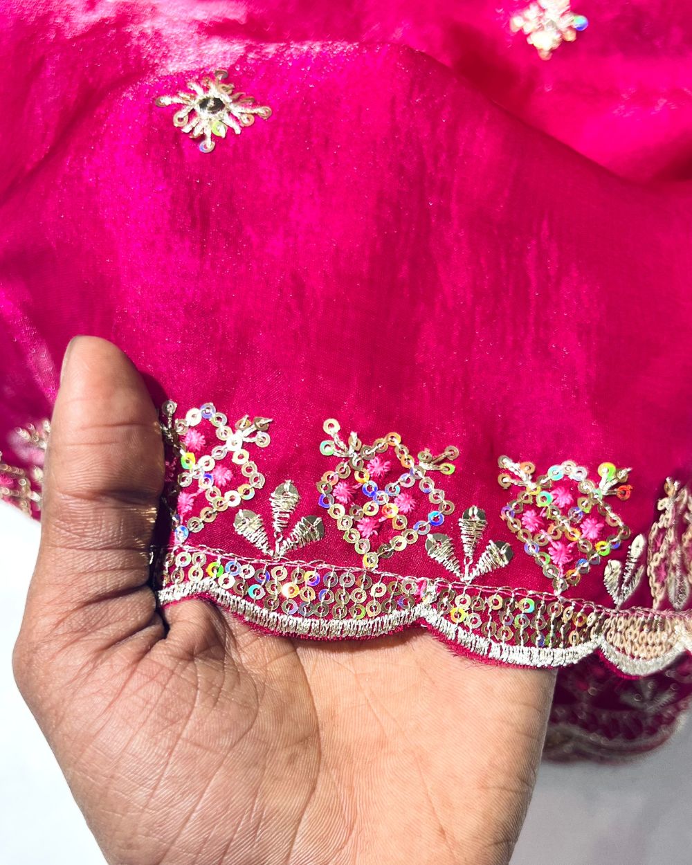 Space Silk Work Dupatta Fabric with Border Rani Pink Colour 38 Inches Width