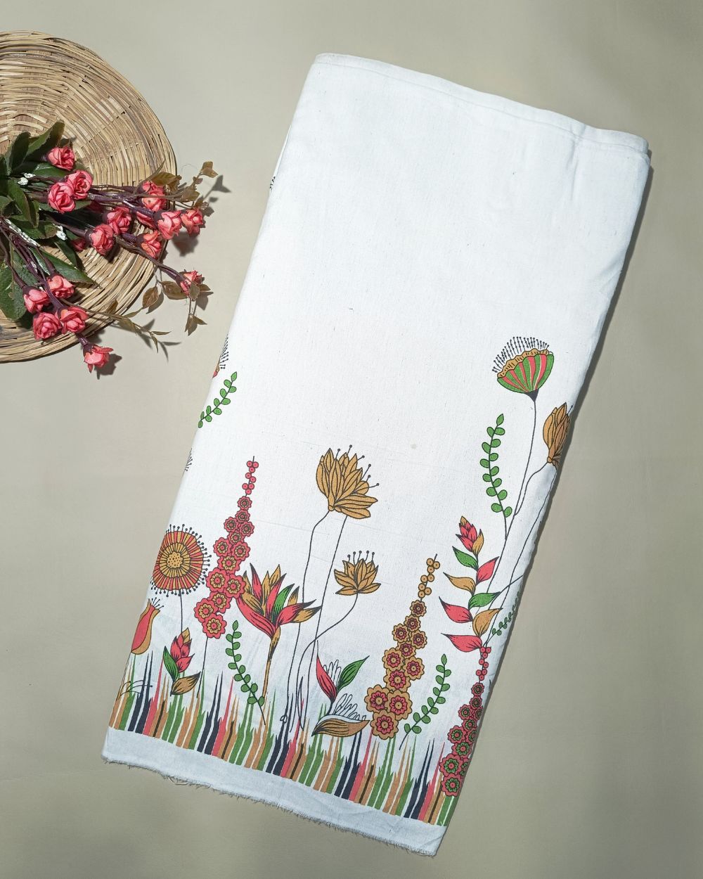 Printed Khadi Cotton with Border Off White Colour 42 Inches Width