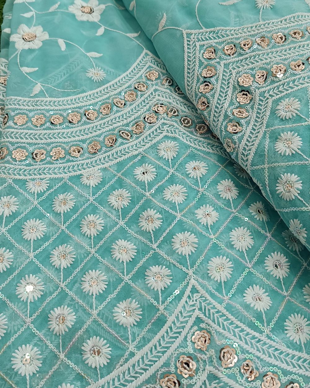 Georgette Work with Cutwork Panel Sky Blue Colour 43 Inches Width