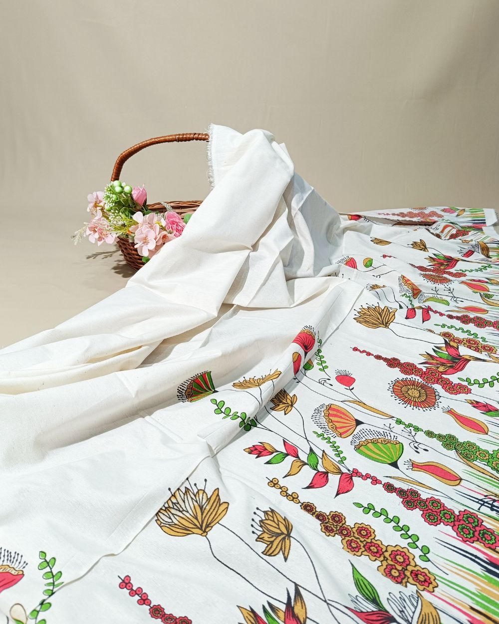 Printed Khadi Cotton with Border Off White Colour 42 Inches Width