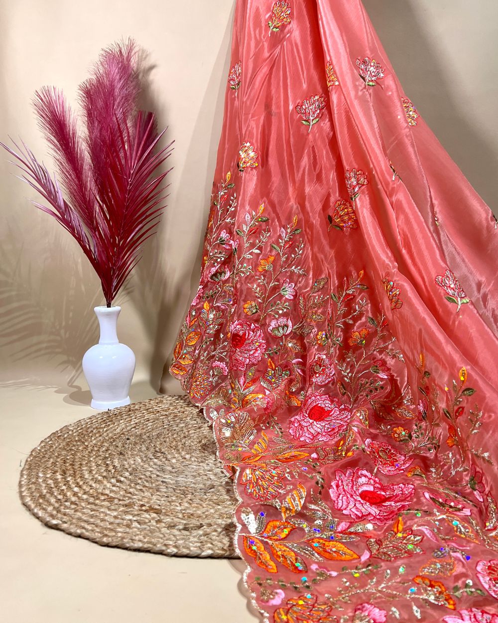 Premium Pure Soft Organza with Border Work Watermelon Pink Colour 42 Inches Width