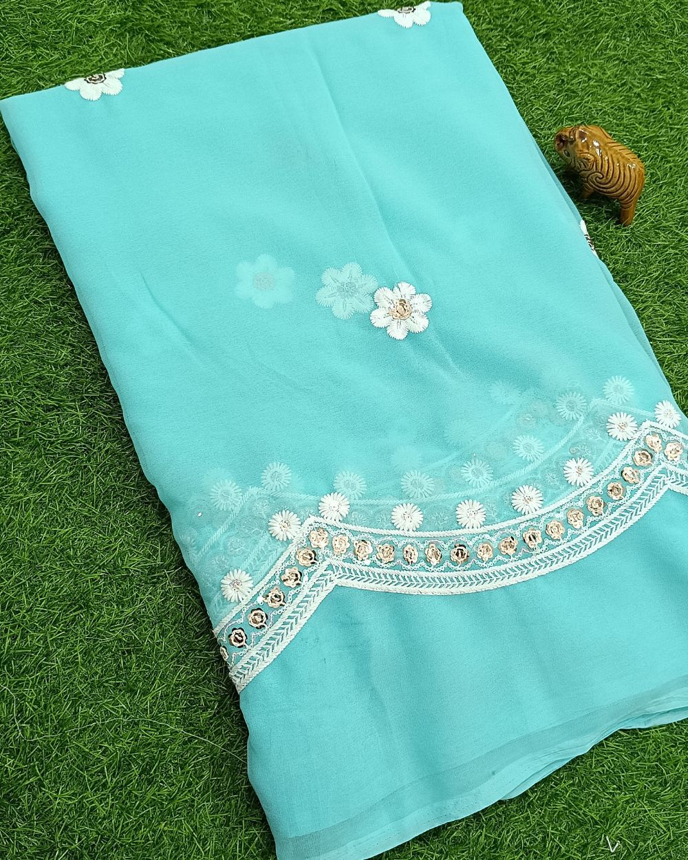 Cutwork Border Georgette Work Sky Blue Colour 43 Inches Width