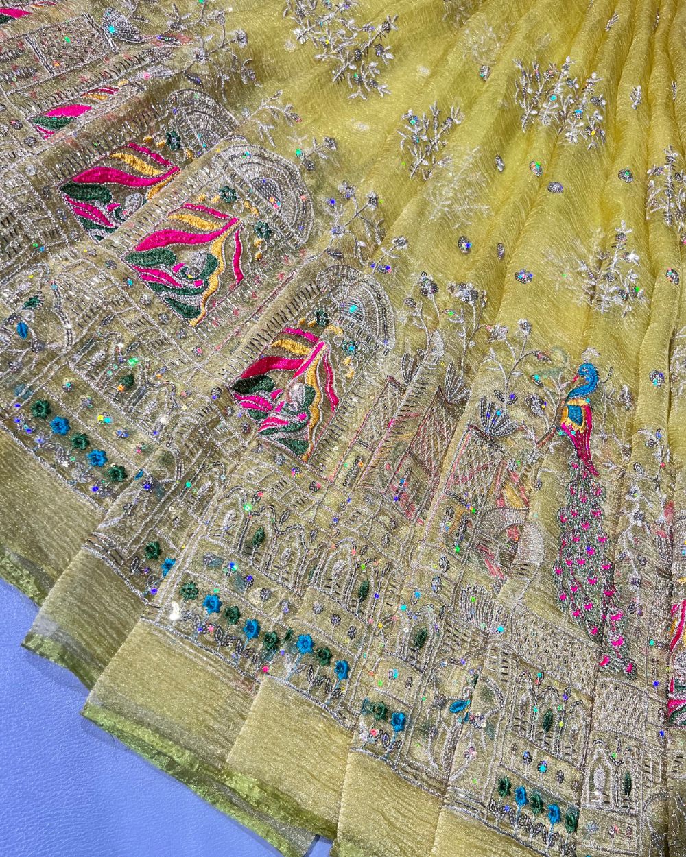 Premium Organza Crush Work Lemon Yellow Colour 42 Inches Width