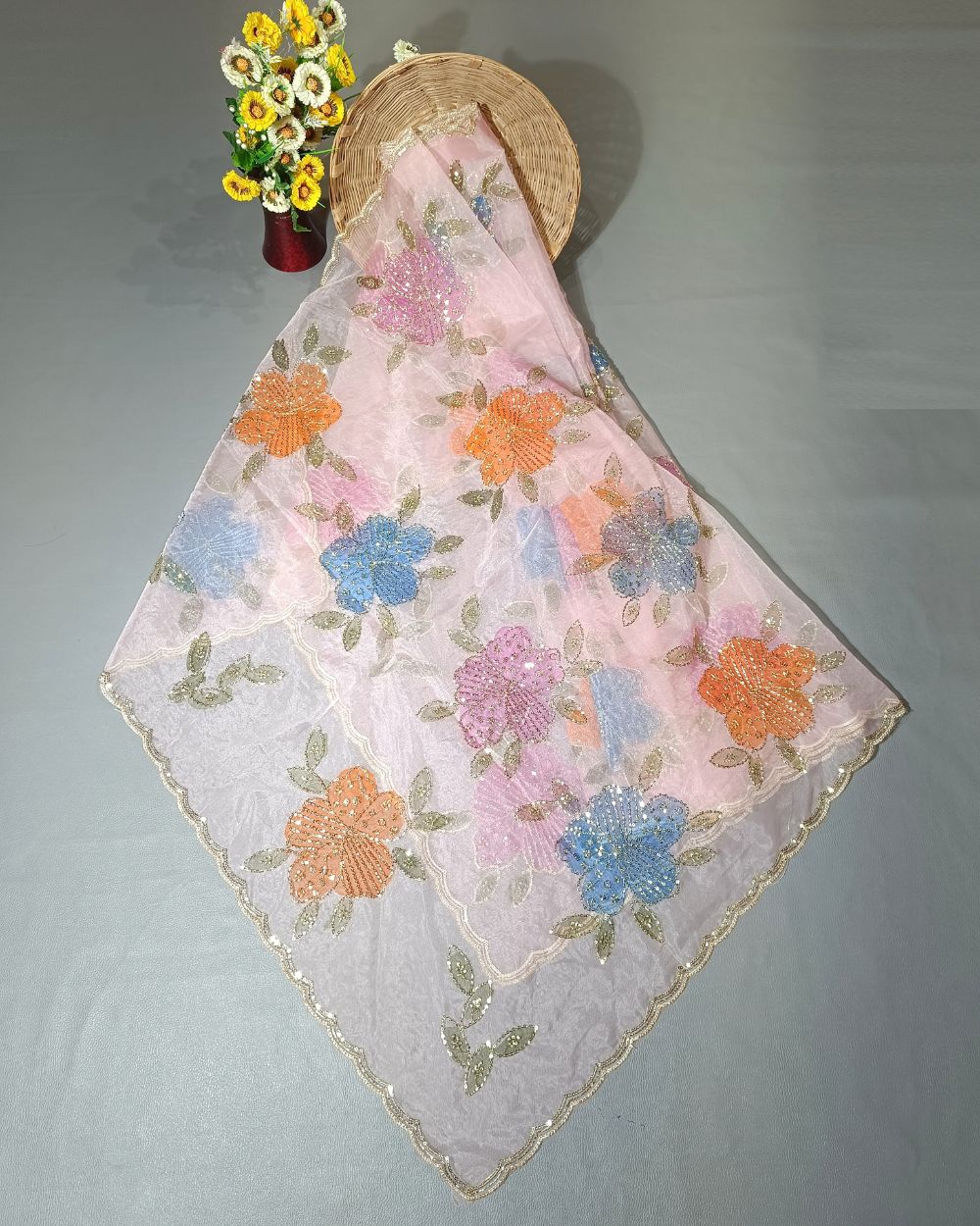 Premium Pure Soft Organza Work Dupatta Baby Pink Colour 39 Inches Width