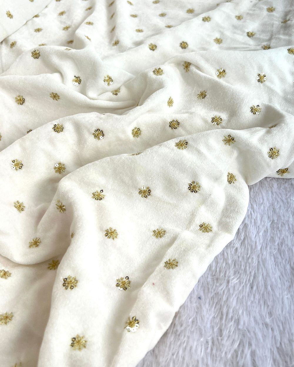 Premium Velvet Butti Work White Colour 44 Inches Width