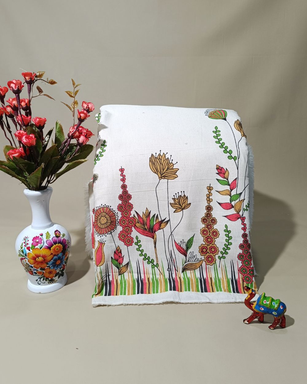 Printed Khadi Cotton with Border Off White Colour 42 Inches Width