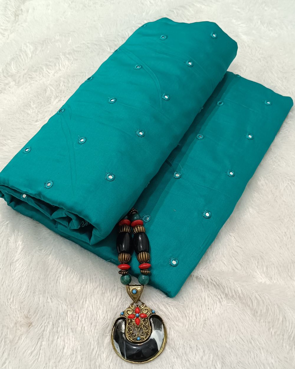 Cotton Abla Work Peacock Blue Colour 42 Inches Width
