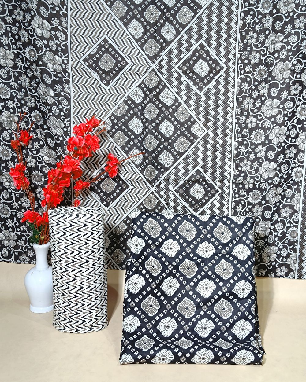 Printed Cotton Unstitched Top-Bottom Set with Dupatta Black Colour 44 Inches Width