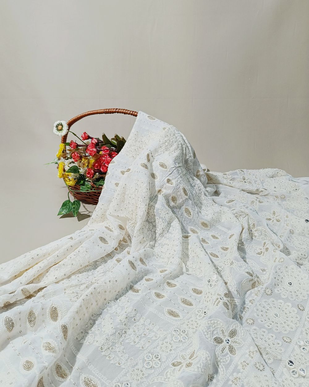 Dyeable Lucknowi Work with Border Viscose Georgette White Colour 52 inches width