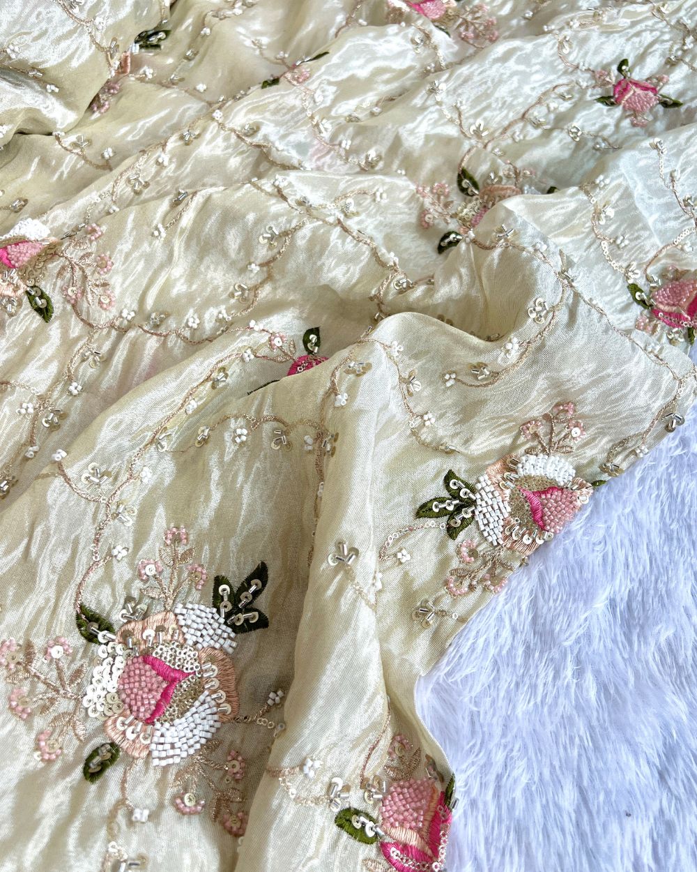 Cosmos Golden Colour fabric with Multicolor Floral Work 45 Inches Width
