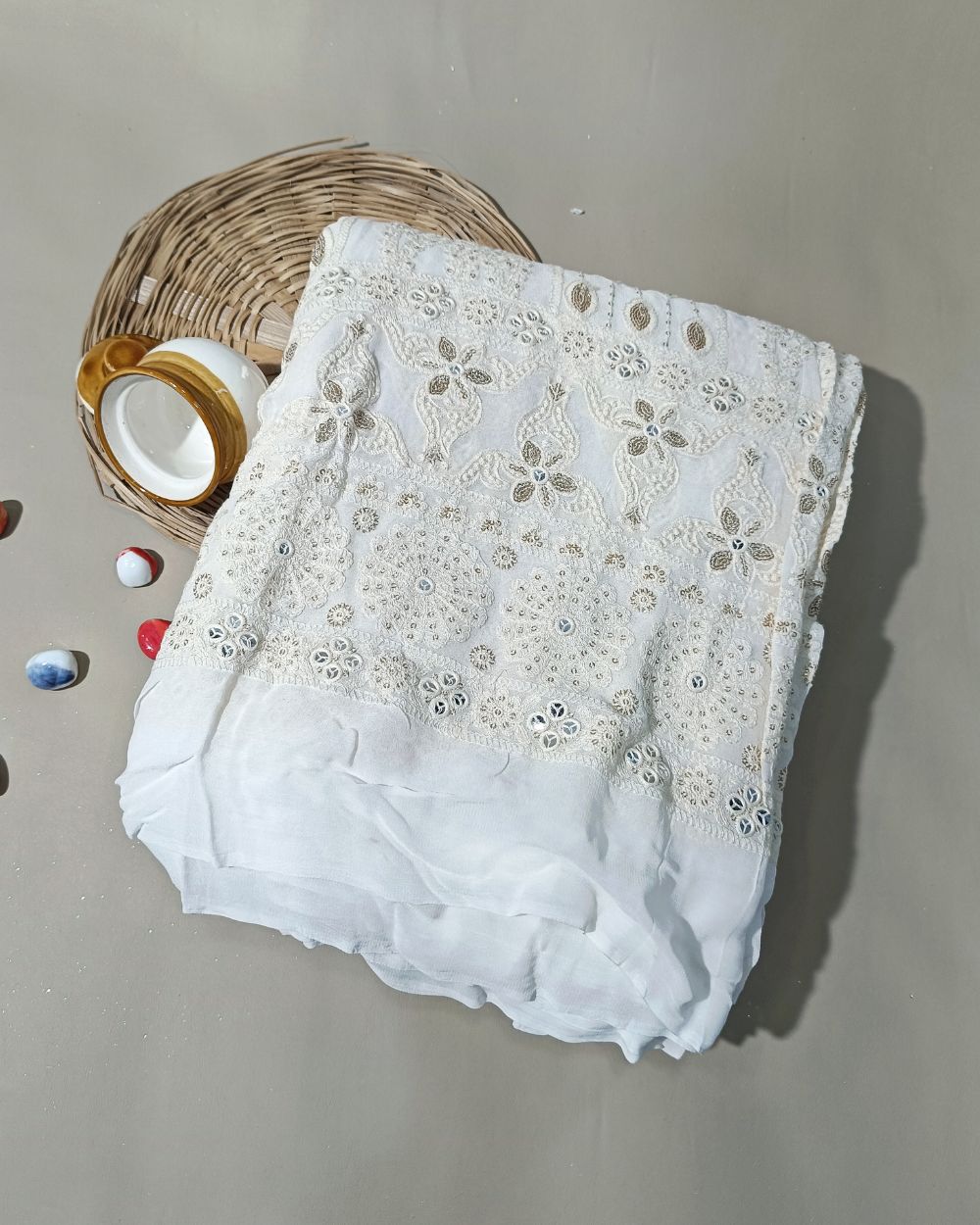 Dyeable Lucknowi Work with Border Viscose Georgette White Colour 52 inches width