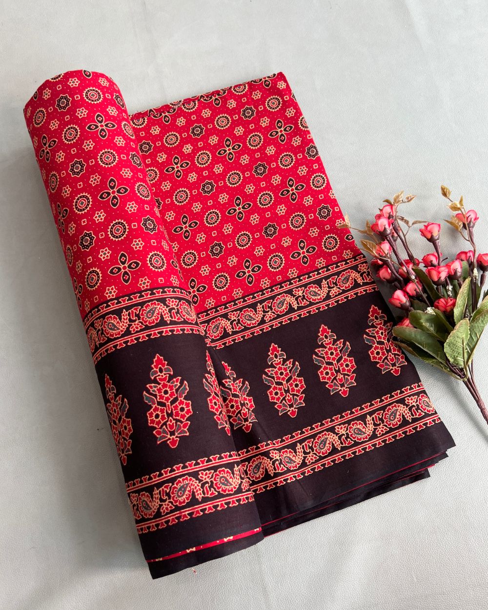 Printed Gujari Cotton with Border Red Colour 42 Inches Width