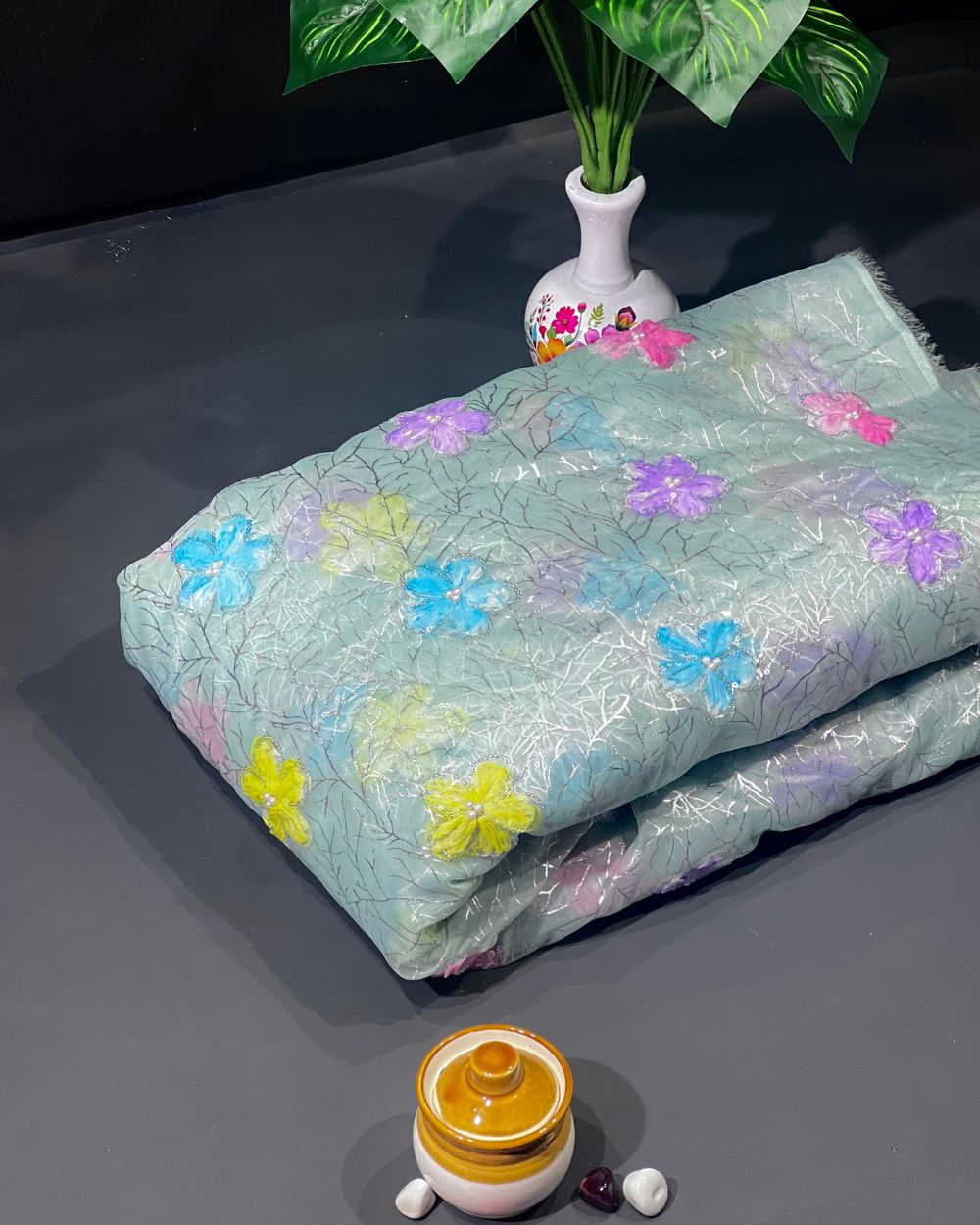 Premium Organza Work with Korean Foil Aqua Blue Colour 45 Inches Width