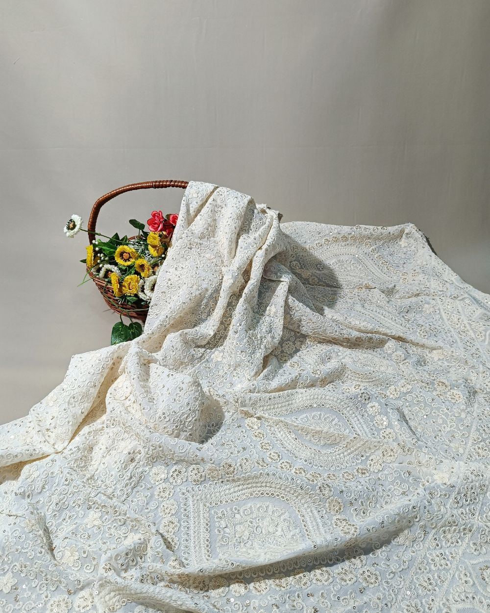 Dyeable Lucknowi Work with Border Viscose Georgette White Colour 54 inches width