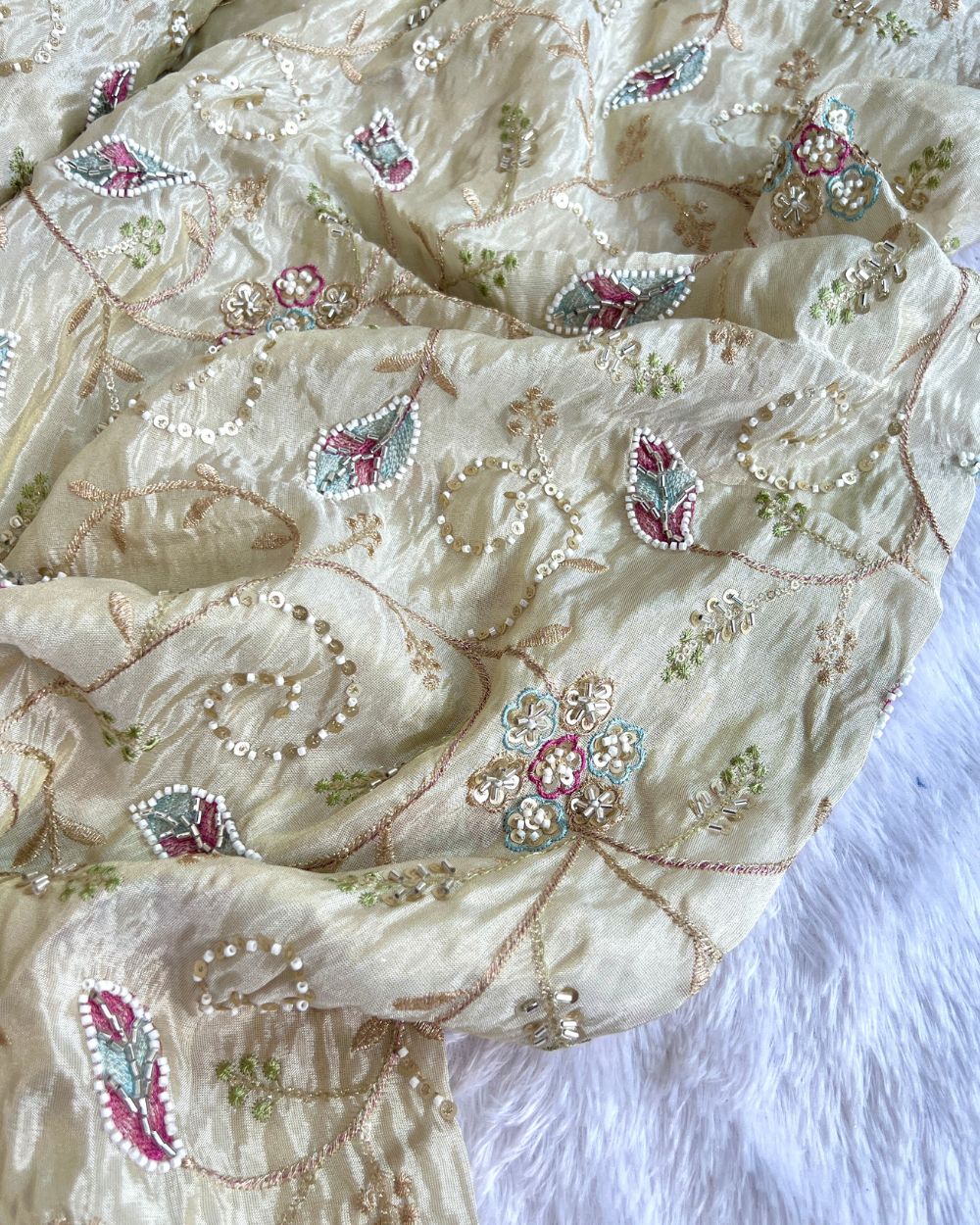 Cosmos Golden Colour fabric with Multicolor Leaf Work 45 Inches Width