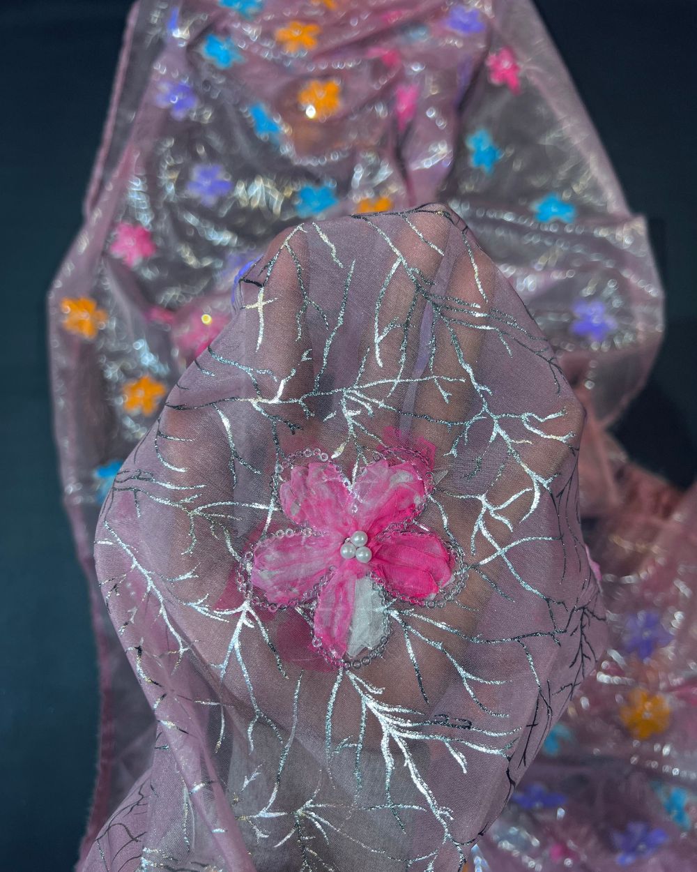 Premium Organza Work with Korean Foil Blush Pink Colour 45 Inches Width