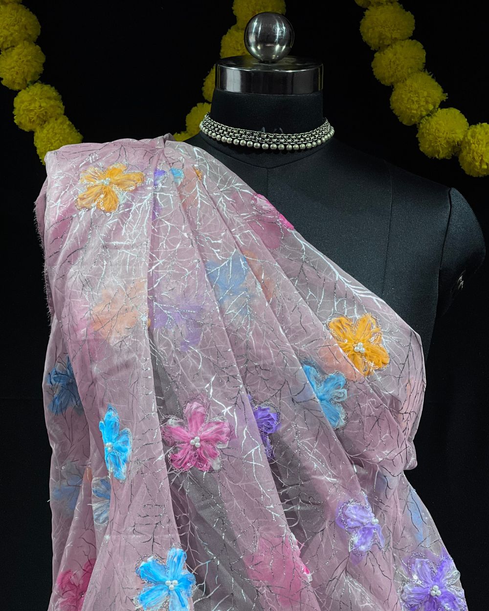 Premium Organza Work with Korean Foil Blush Pink Colour 45 Inches Width