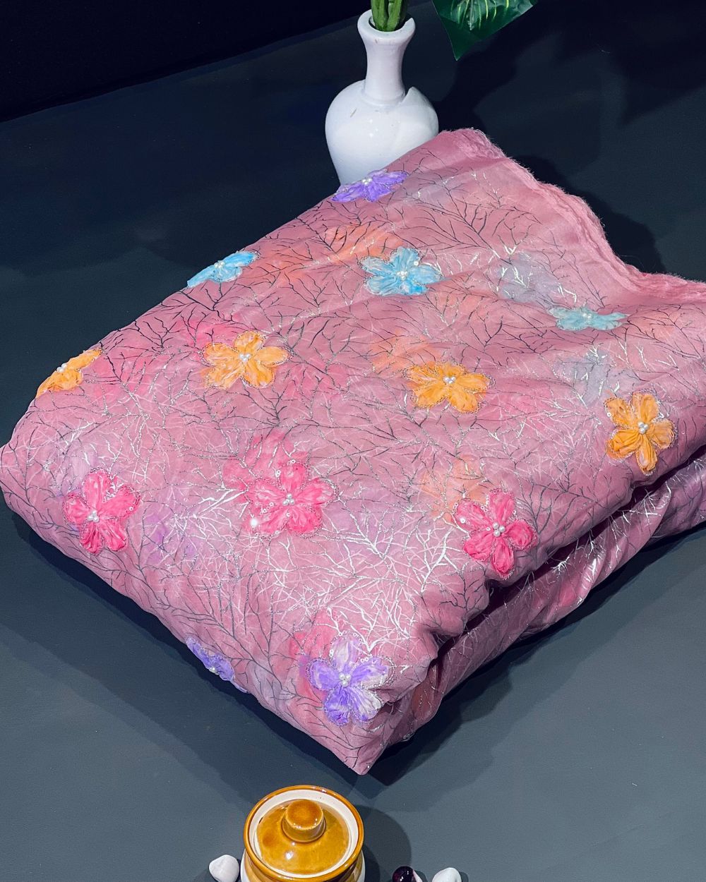 Premium Organza Work with Korean Foil Blush Pink Colour 45 Inches Width