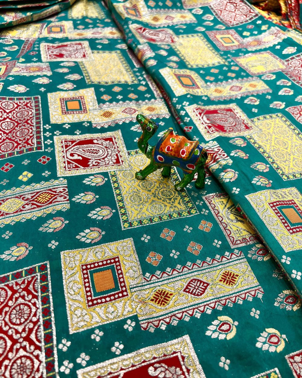 Brocade Chanderi Silk Work Chintamani Green Colour 44 Inches Width