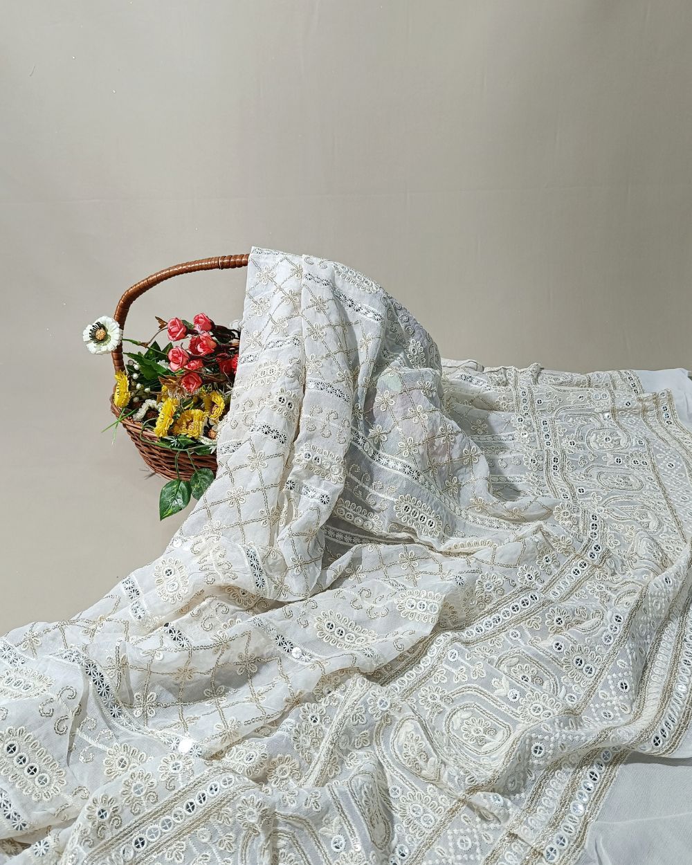 Dyeable Lucknowi Work with Border Viscose Georgette White Colour 54 inches width