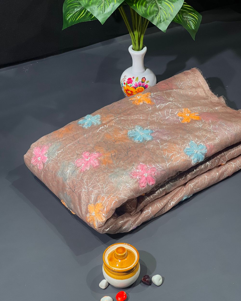 Premium Organza Work with Korean Foil Dusty Brown Colour 45 Inches Width