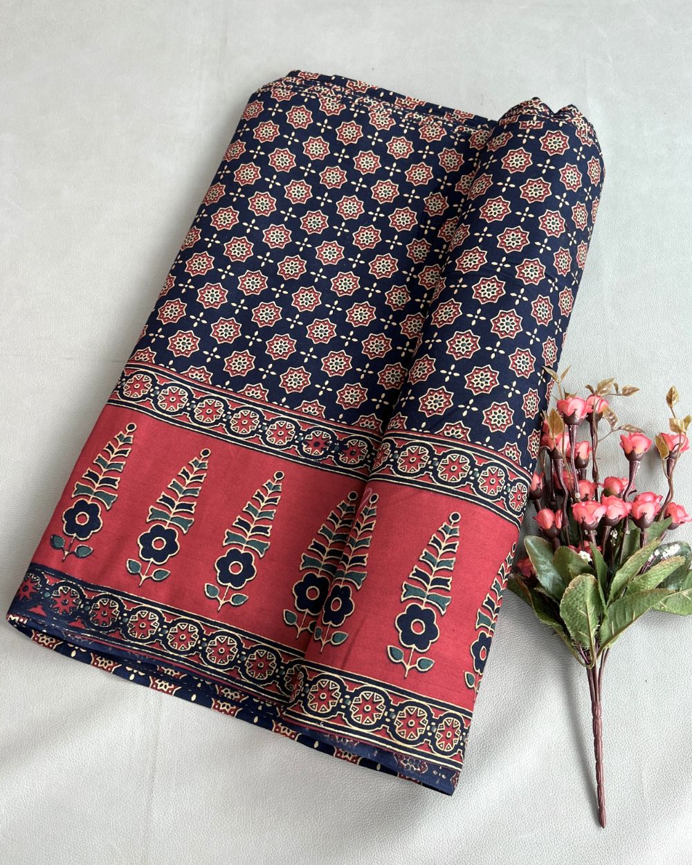 Printed Gujari Cotton with Border Navy Blue Colour 42 Inches Width