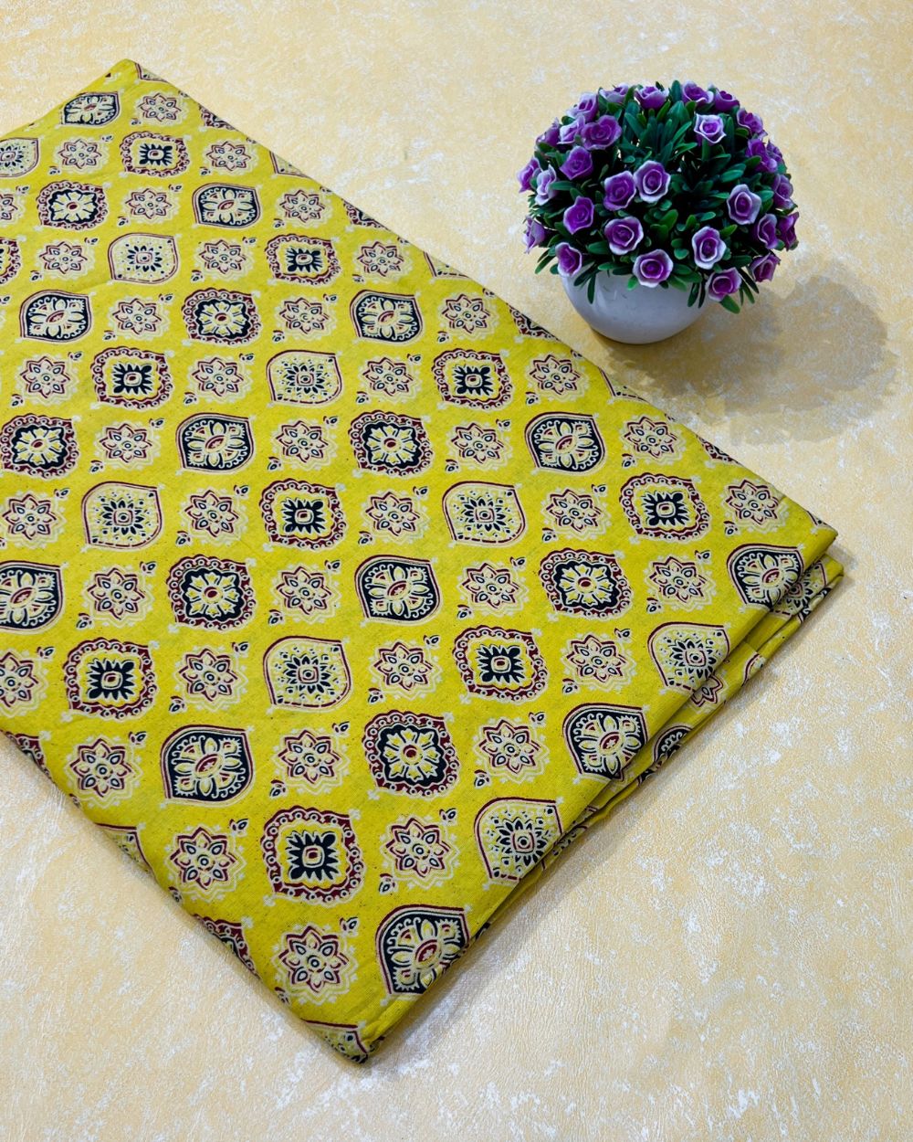 Ajrakh Cotton Natural Dye Block Printed Yellow Colour 42 Inches Width