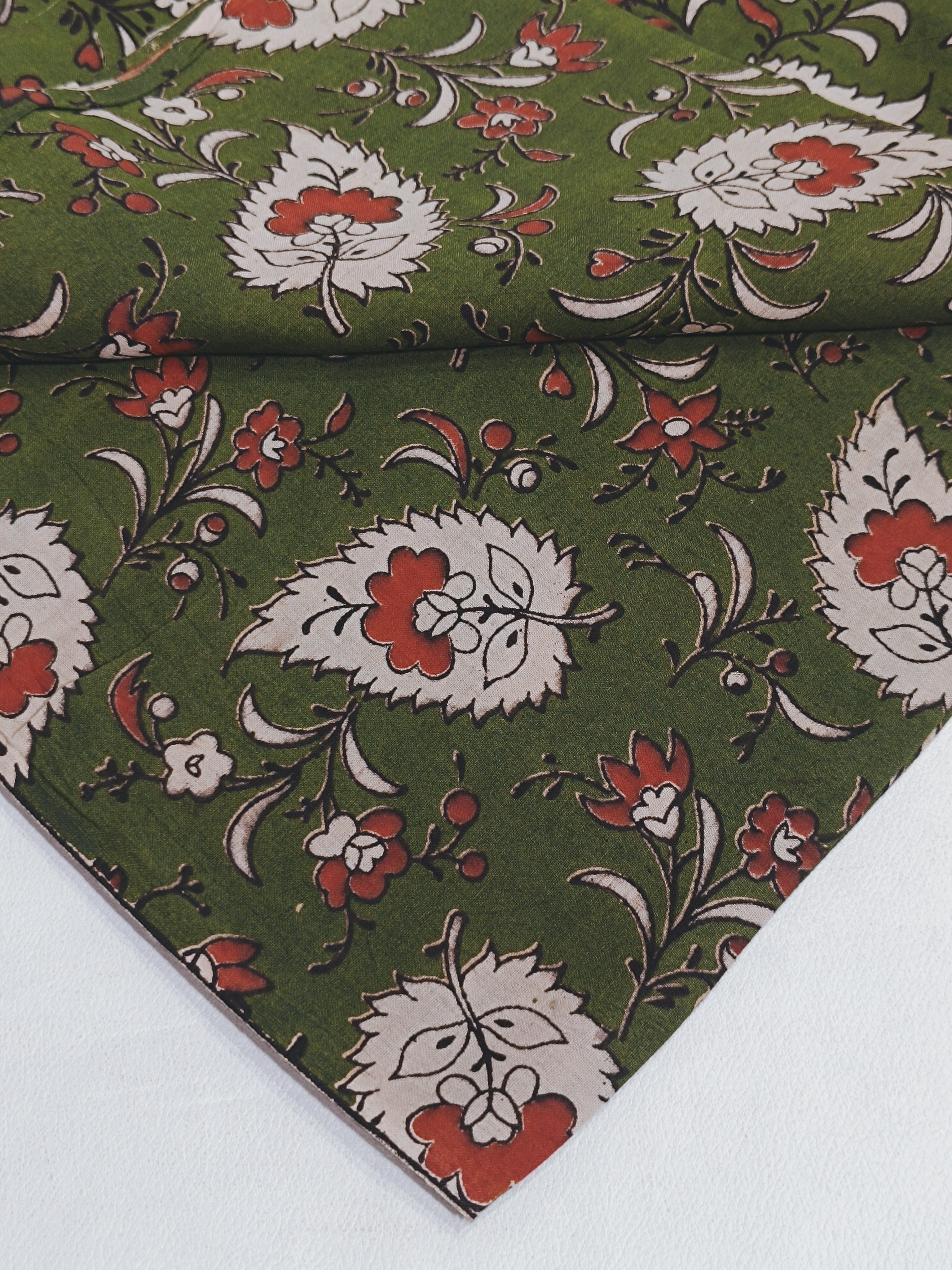 Screen Printed Cotton Kalamkari Dark Forest Green Colour 44 Inches Width