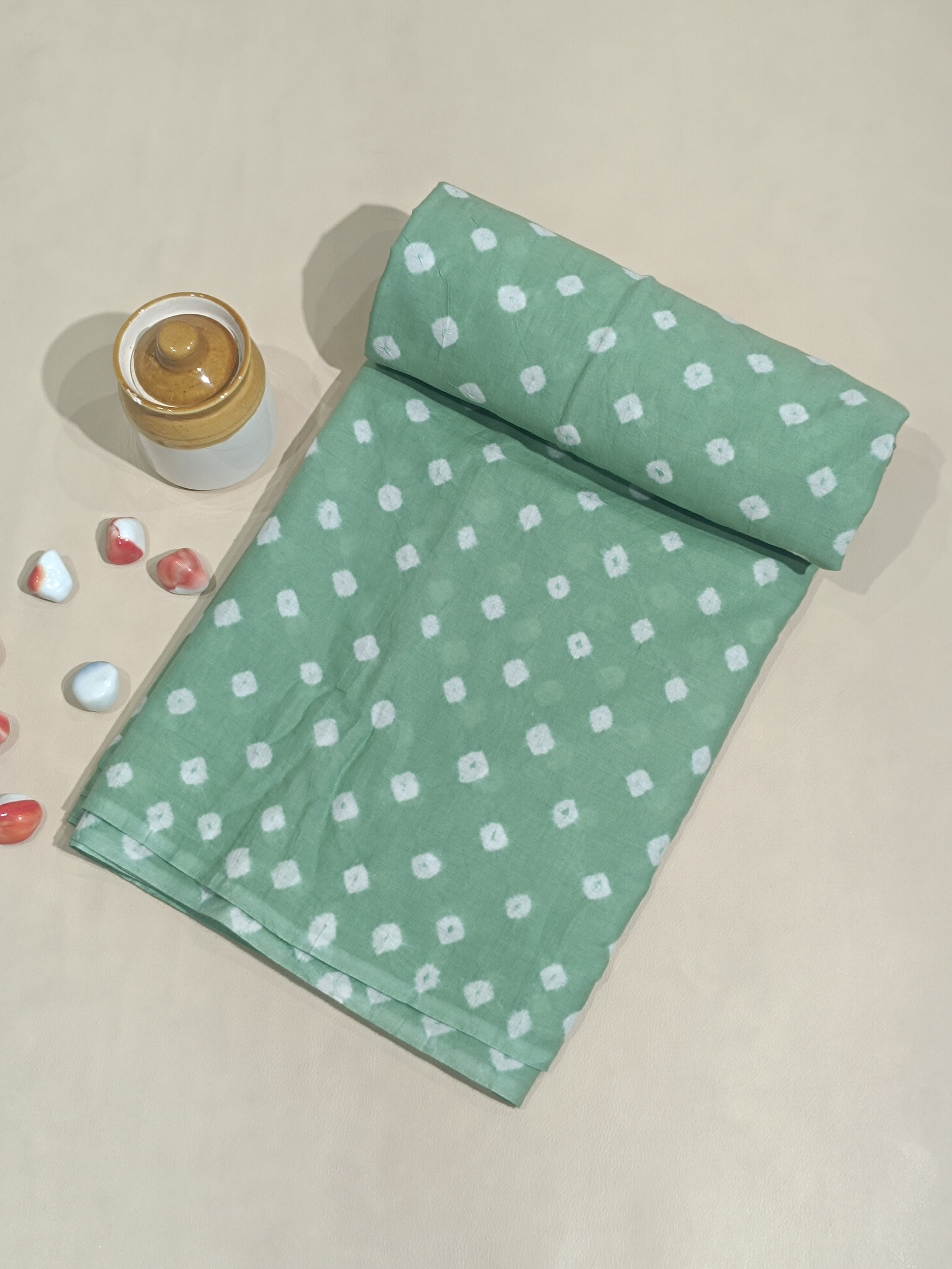 Pure Soft Cotton Bandhani Print Dusty Pista Green Colour 44 Inches Width