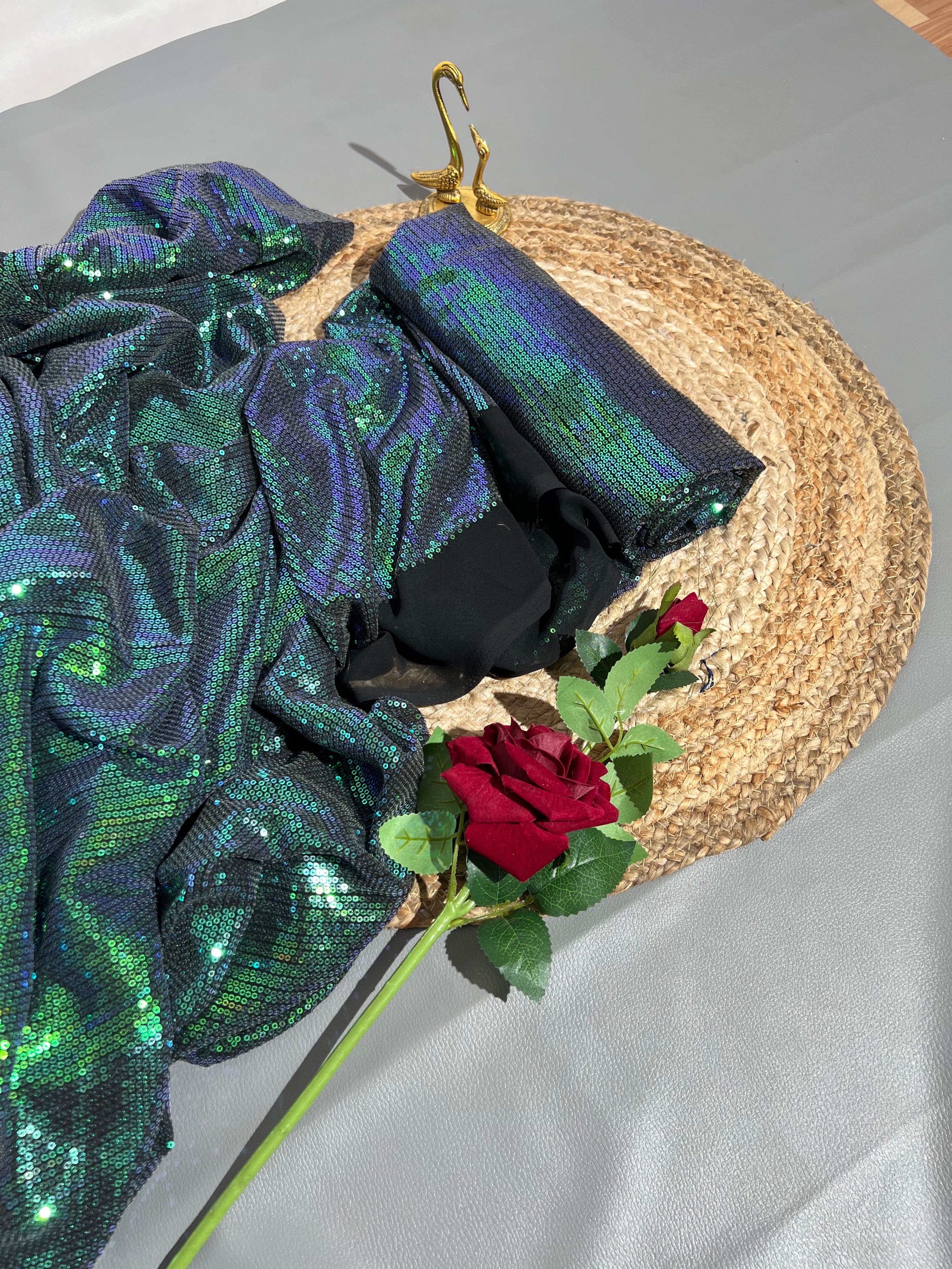 Georgette Sequin Work Black Green 44 Inches Width