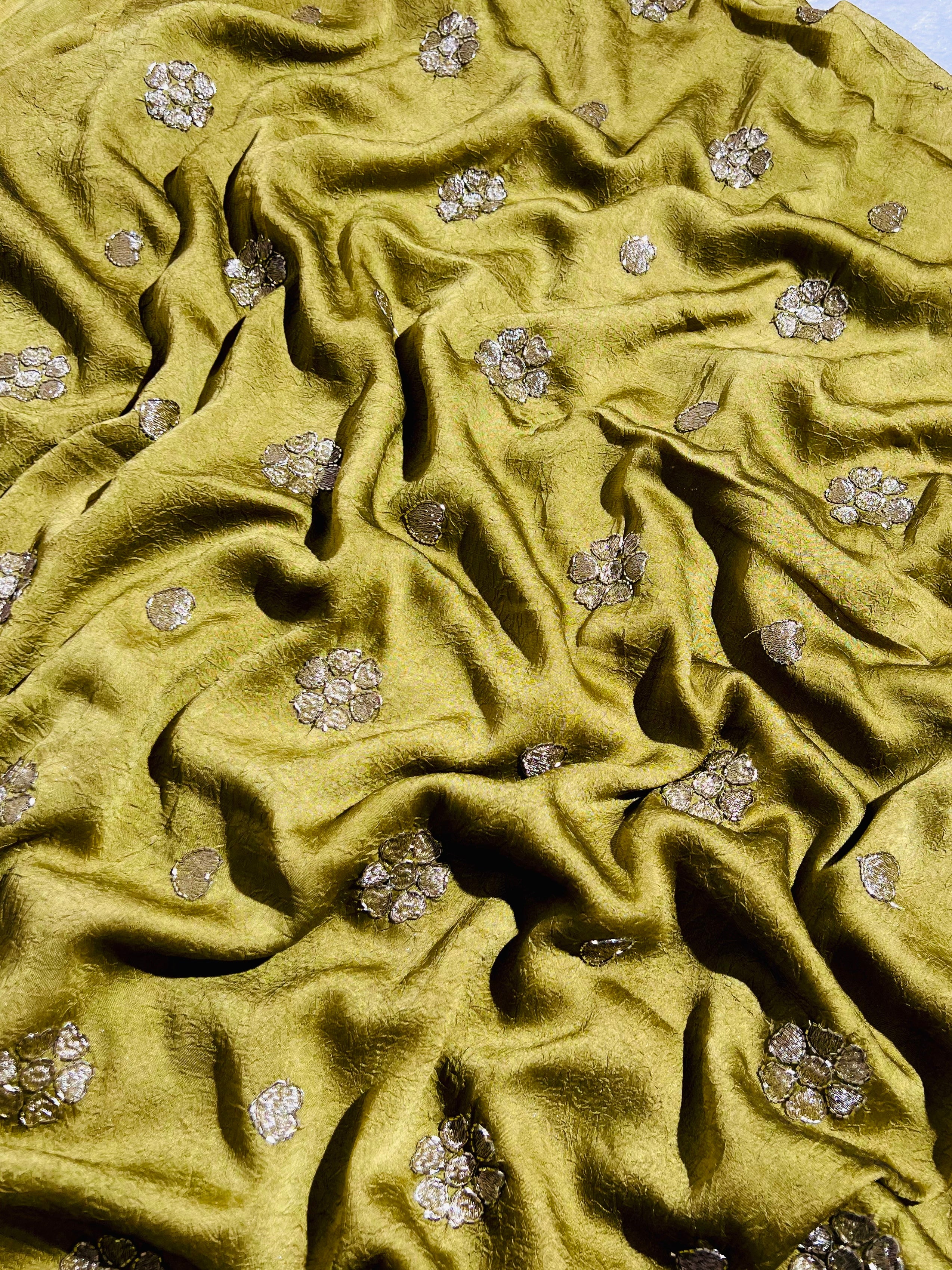 Rangoli Crush Silk Work Pomelo Olive Green Colour 42 Inches Width