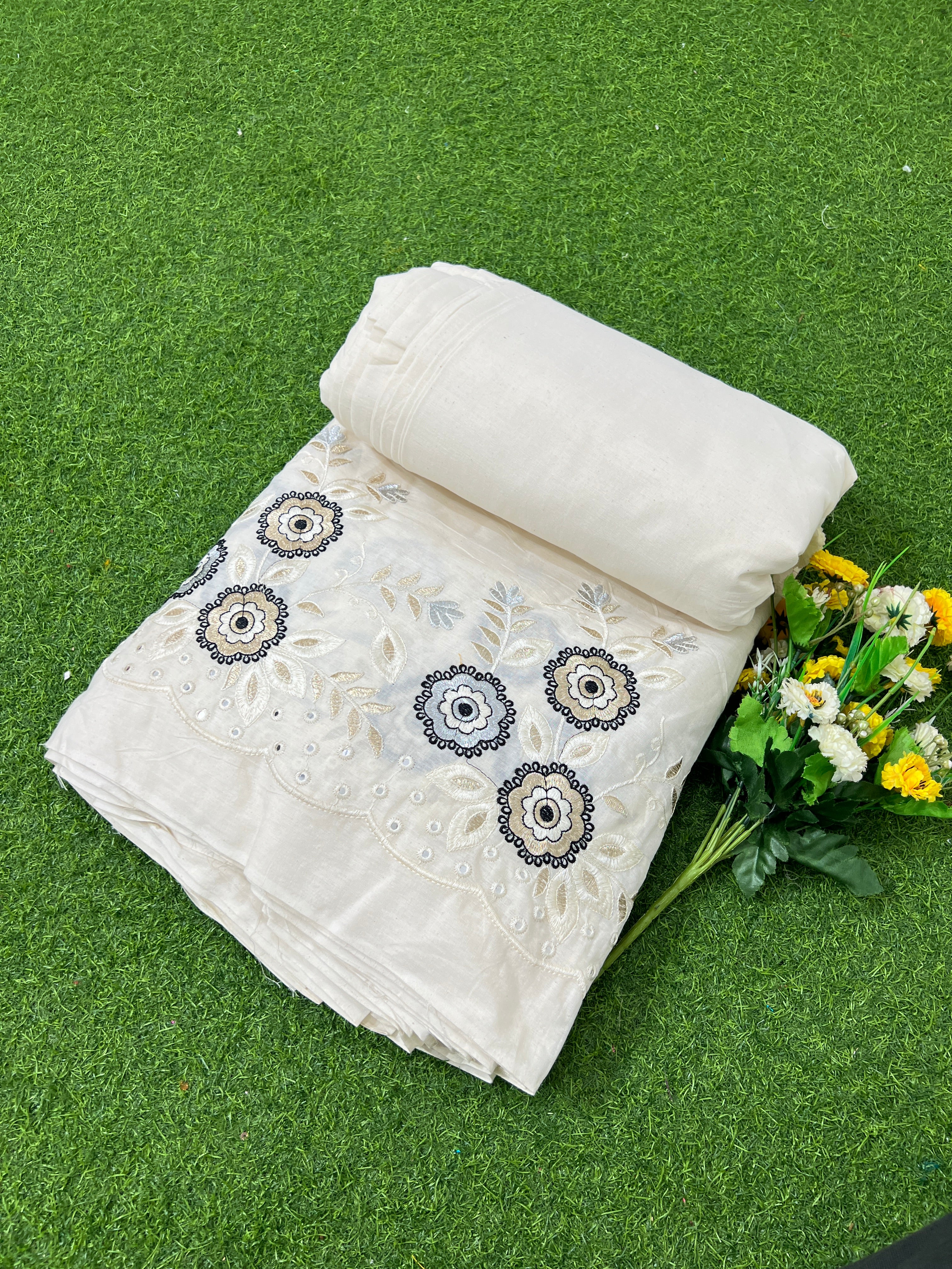 Kora Cotton Border Work Off White Colour 46 Inches Width